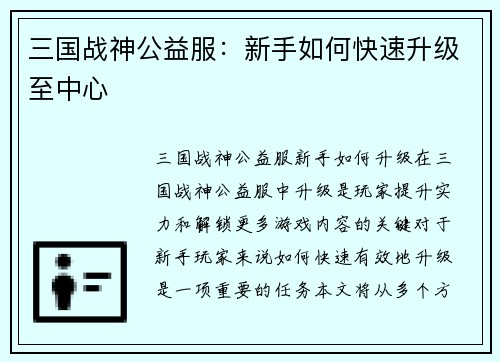 三国战神公益服：新手如何快速升级至中心
